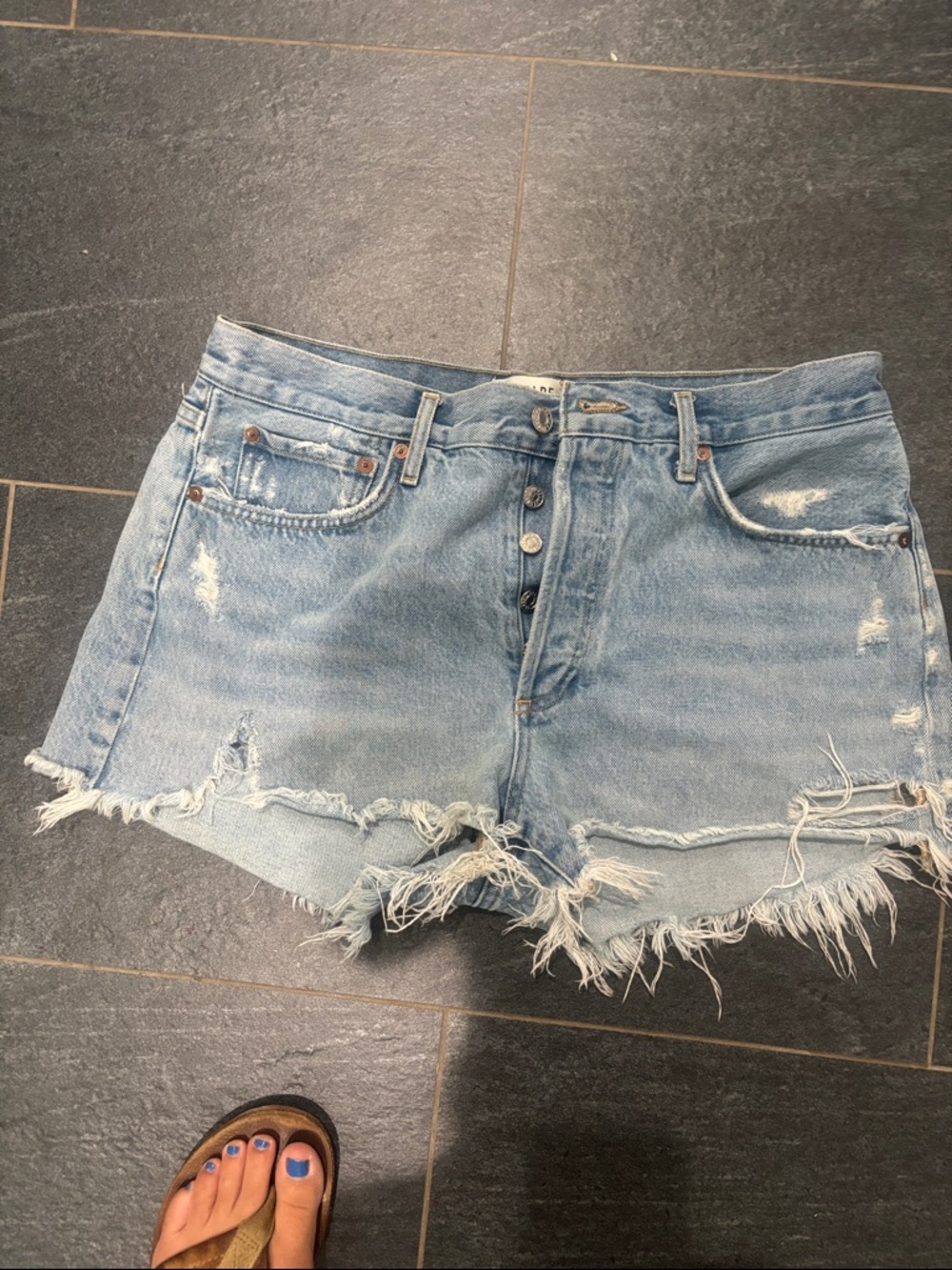 Agolde Light Blue Distressed Parker Denim Cutoff Shorts